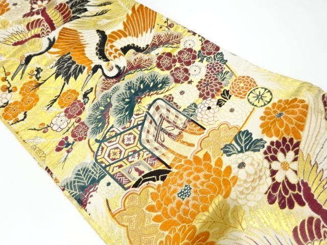 JAPANESE KIMONO / ANTIQUE NAGOYA OBI / WOVEN CRANE WITH PINE & UME